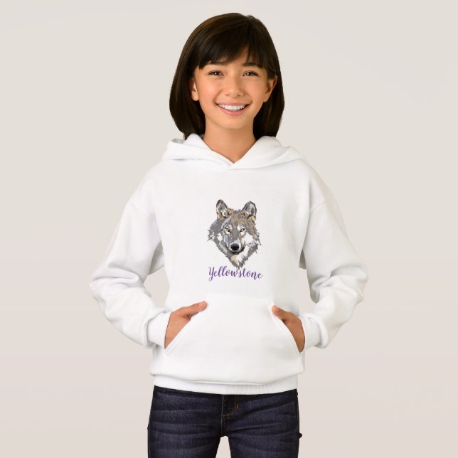 Sweatshirt à capuchon de la fille Loup de Yellowst (Devant entier)