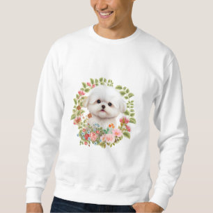Sweatshirt adorable chiot maltais en fleur, Amoureux des chie