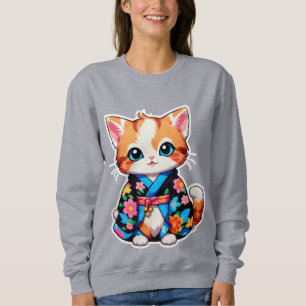 Sweatshirt Adorable Kawaii Chaton en Kimono Floral Coloré