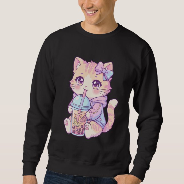 Sweatshirt Adorable Pastel Tabby Cat Drinking Boba Art Kawaii (Devant)