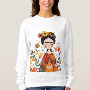Sweatshirt Aquarelle Whimsical Frida Kahlo avec Fleurs