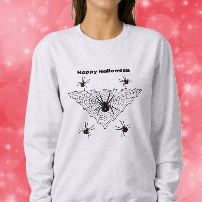 Sweatshirt Araignées noires de veuve d'Halloween dans Web Red (Creepy black widow spiders red hourglass mark in black triangular web on Halloween sweatshirt.)