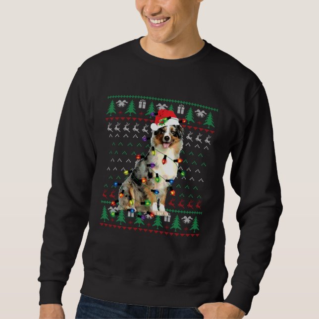 Sweatshirt Australian Shepherd Christmas Lights Ugly Sweater  (Devant)