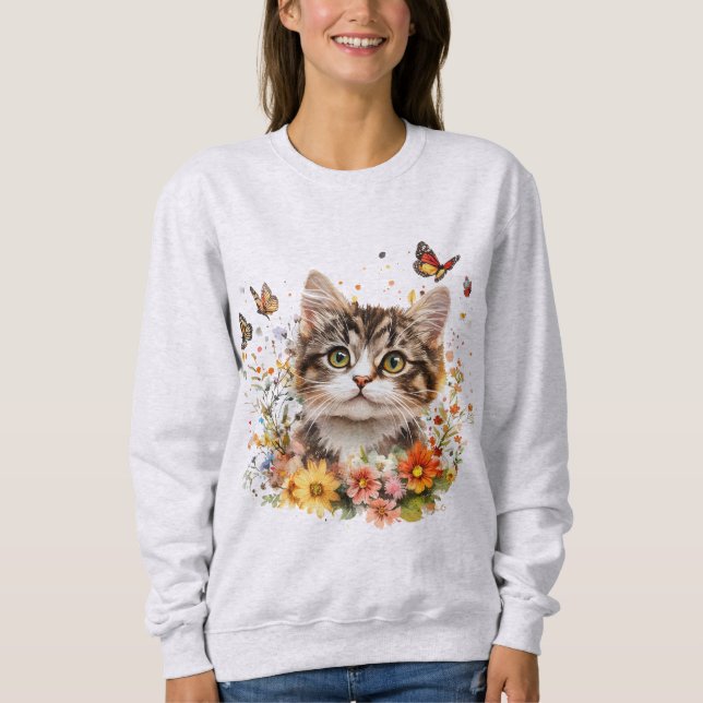 Sweatshirt avec chaton adorable avec fleurs (Devant)