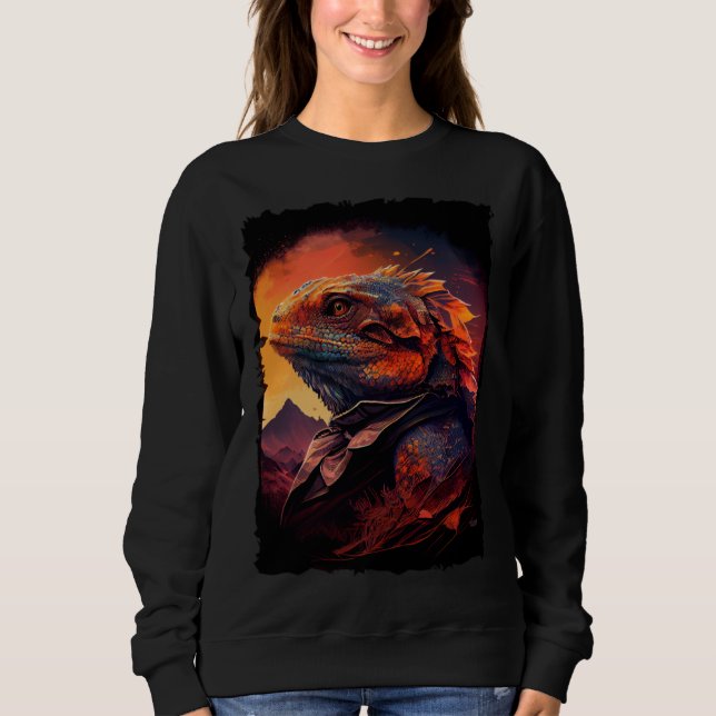 Sweatshirt Bearded Dragon mountains sunset lizard retro 70s v (Devant)
