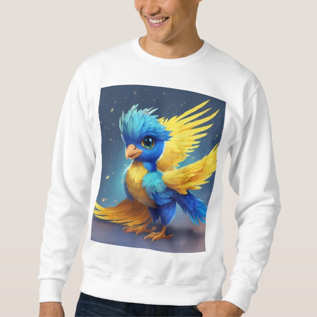 Sweatshirt Bébé mignon Phoenix avec Plumes Bleues et Jaunes. (Devant)