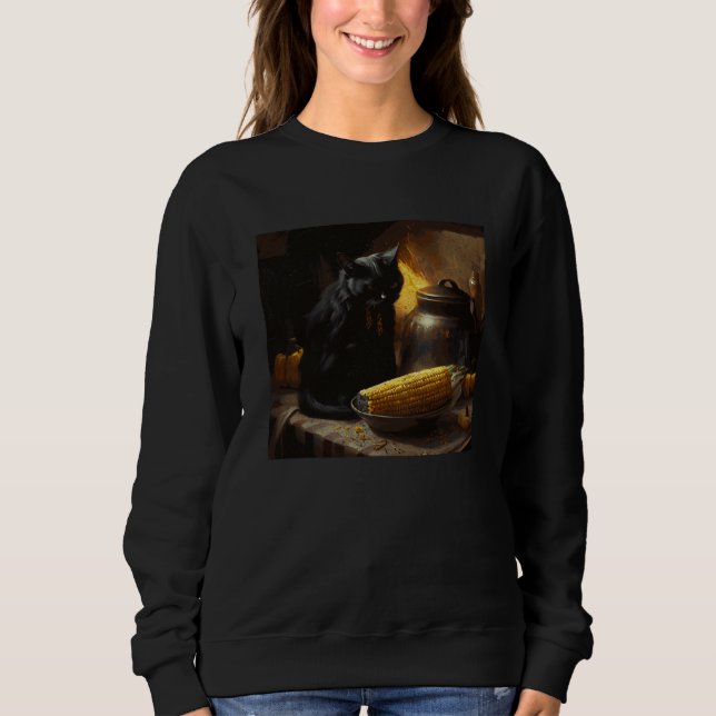 Sweatshirt Black Cat Cooking Corn On The Cob (Devant)