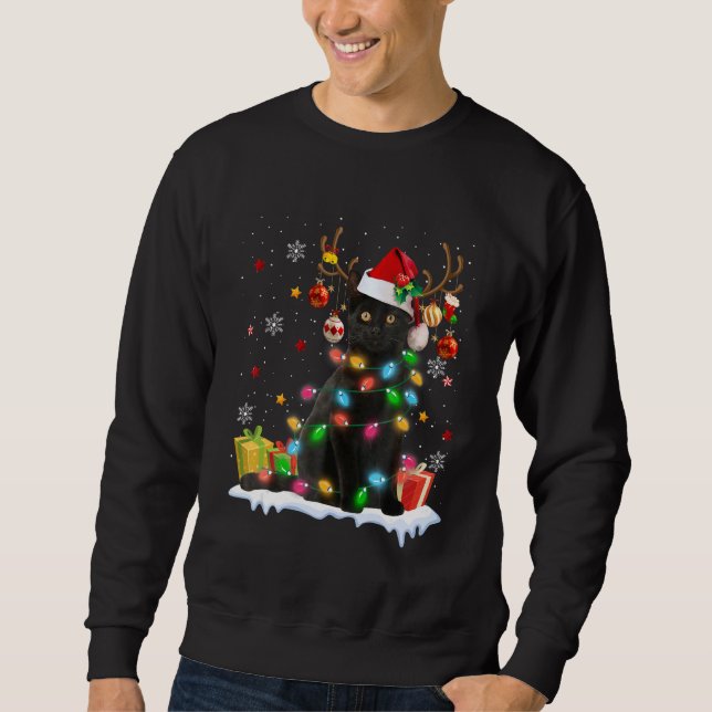 Sweatshirt Black Cat Santa Hat Reindeer Christmas Lights Cat  (Devant)