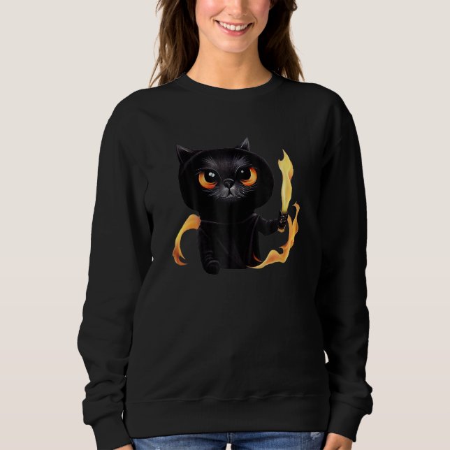 Sweatshirt Black Cute Cat Wizard With Power Of Fire For Anima (Devant)