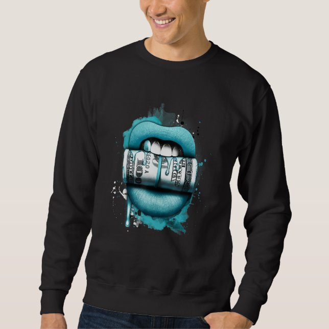 Sweatshirt Blue Lips with Dripping Money Retro Matching Men W (Devant)