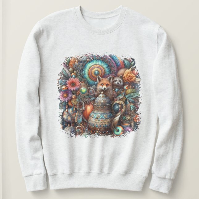 Sweatshirt Boho Fox Raccoon Floral Design (Design devant)