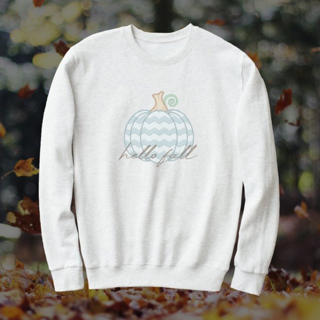 Sweatshirt Bonjour Automne - Blanc + Bleu Chevron Citrouille  (Créateur téléchargé)