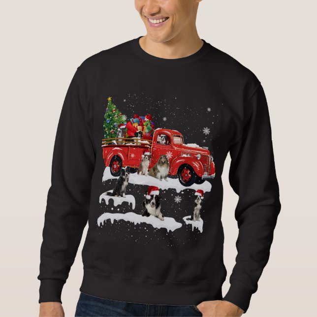 Sweatshirt Bordure Collie équitation Camion rouge Joyeux Noël (Devant)
