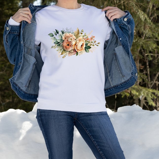 Sweatshirt Bouquet floral d'aquarelle botanique de la prairie (Peach Watercolor Wildflower Bouquet with Greenery and Botanicals on White Sweatshirt)