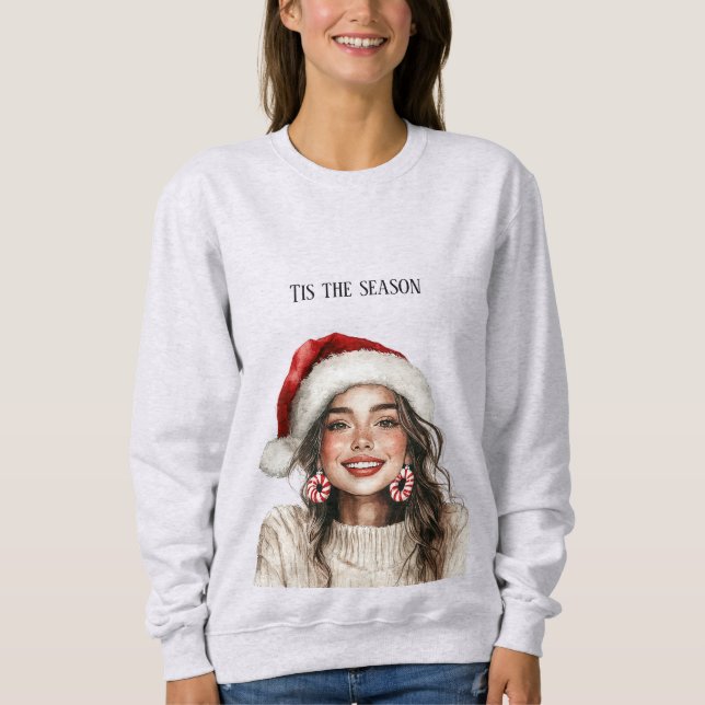 Sweatshirt Brown Hair Girl Candy Cane Earrings Christmas (Devant)