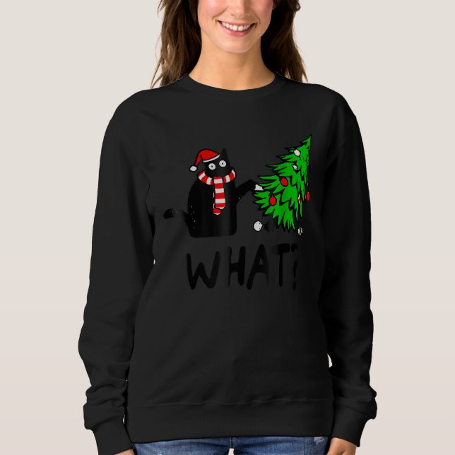 Sweatshirt Cadeau de chat noir poussant l'arbre de Noël sur c (Devant)