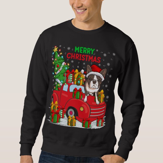 Sweatshirt Camion rouge Xmas Tree - Éclairage Boston Terrier  (Devant)