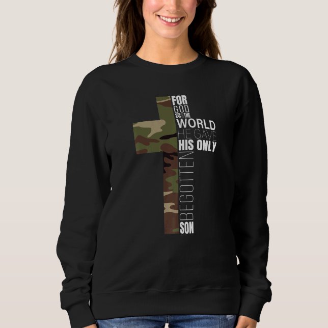 Sweatshirt Camo Vert Croix Chrétienne Bible Verse Hommes Jean (Devant)