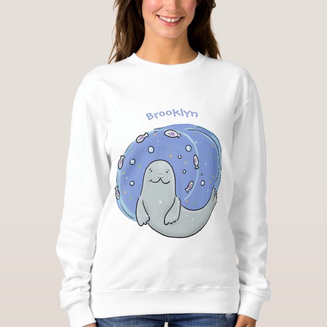 Sweatshirt Caricature joyeux de phoque et de poisson bleu (Devant)