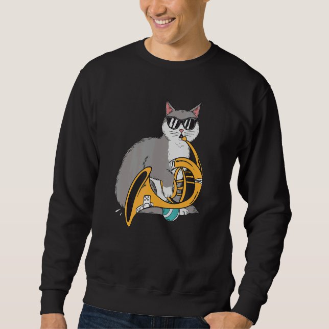 Sweatshirt Cat Playing French Horn Playing Music Black Glasse (Devant)
