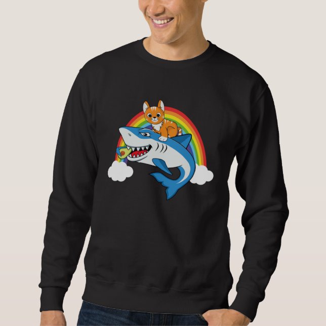 Sweatshirt Cat Riding Shark Eating Avocado With Rainbow For C (Devant)