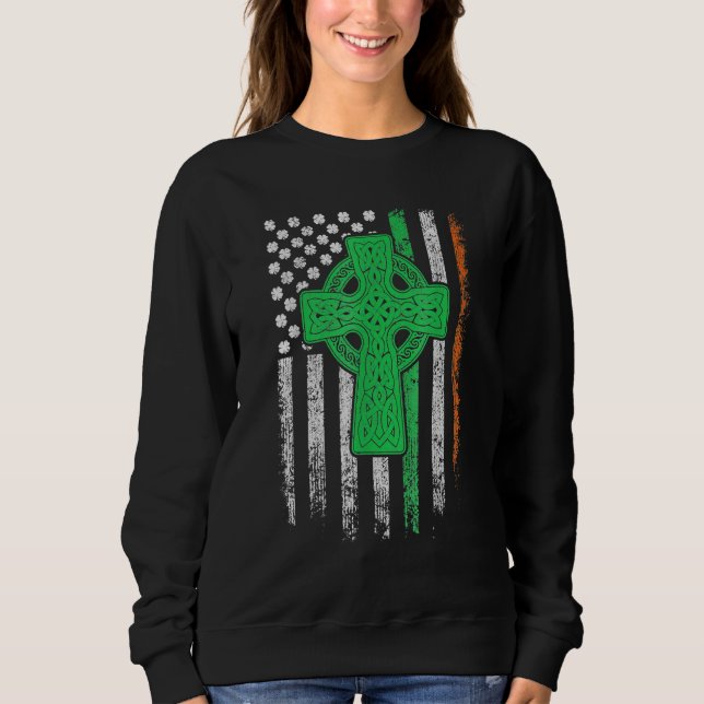 Sweatshirt Celtic Cross Irish American Flag St Patrick's Day  (Devant)