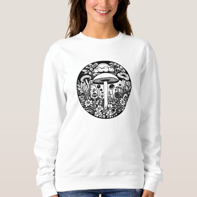 Sweatshirt Champignons et fleurs rétro noirs et blancs (Devant)
