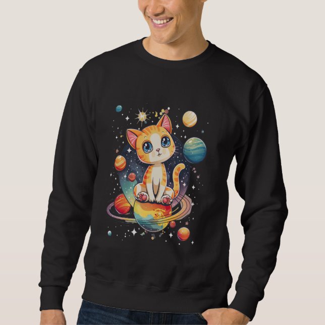 Sweatshirt chat dans l'espace avec des planètes dans les gala (Devant)