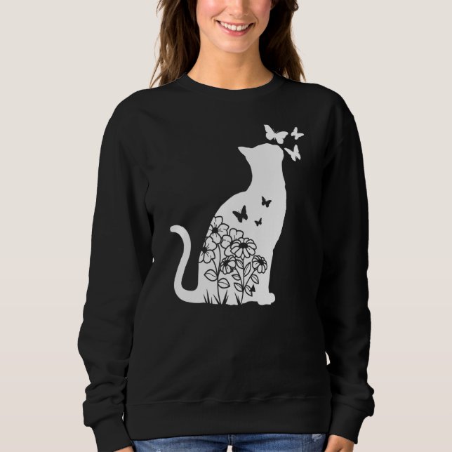 Sweatshirt Chat Floral Papillon Fleurs Femmes Filles Fille Ch (Devant)
