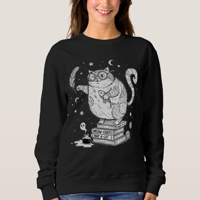 Sweatshirt Chat sorcier drôle sur des livres  (Devant)