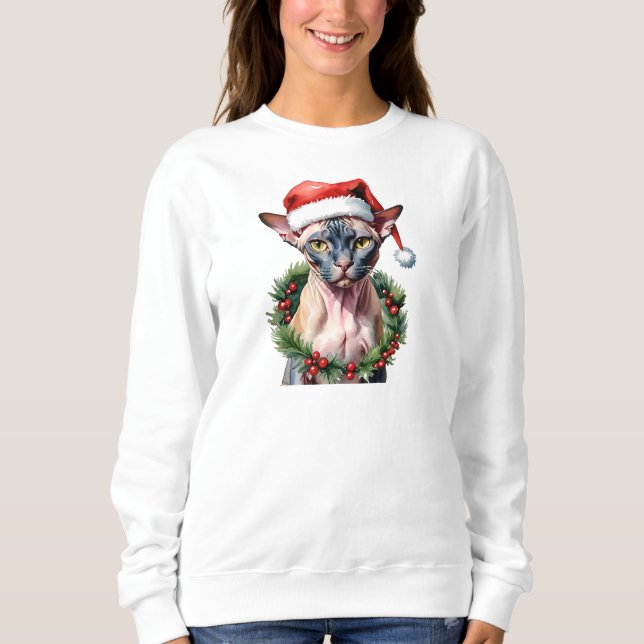 Sweatshirt Chat Sphynx de Noël aquarelle (Devant)