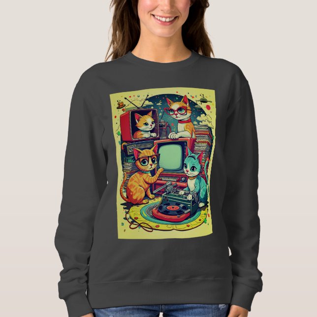 Sweatshirt Chats du milieu du siècle avec disques rétro et TV (Devant)