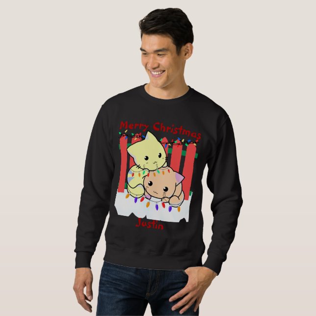 Sweatshirt Chats noël dehors, nom personnalisé (Devant entier)