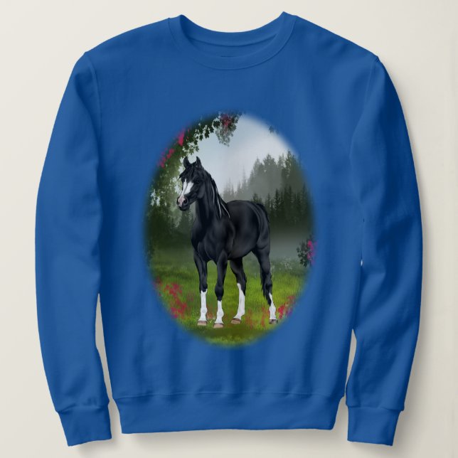 Sweatshirt Cheval de l'Arabe Noir dans la prairie de printemp (Design devant)
