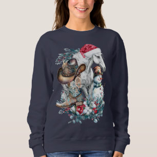 Sweatshirt Cheval de Noël en Chat de Noël cowgirl cowboy bott