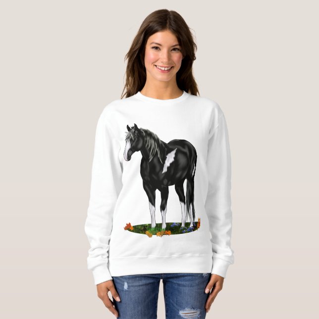 Sweatshirt Cheval de peinture à ciel ouvert noir et blanc (Devant entier)