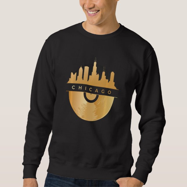 Sweatshirt Chicago Skyline Vinyl Music Record Illinois Il Blu (Devant)