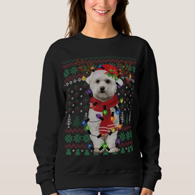Sweatshirt Christmas Lights Bichon Frise Reindeer Santa Ugly  (Devant)