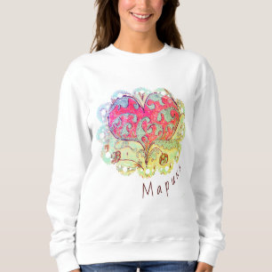Sweatshirt Coeur d'art populaire avec feuilles, fleurs & nom