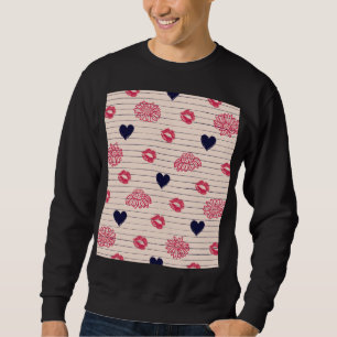 Sweatshirt Coeurs rouges, lèvres, marguerites motif.