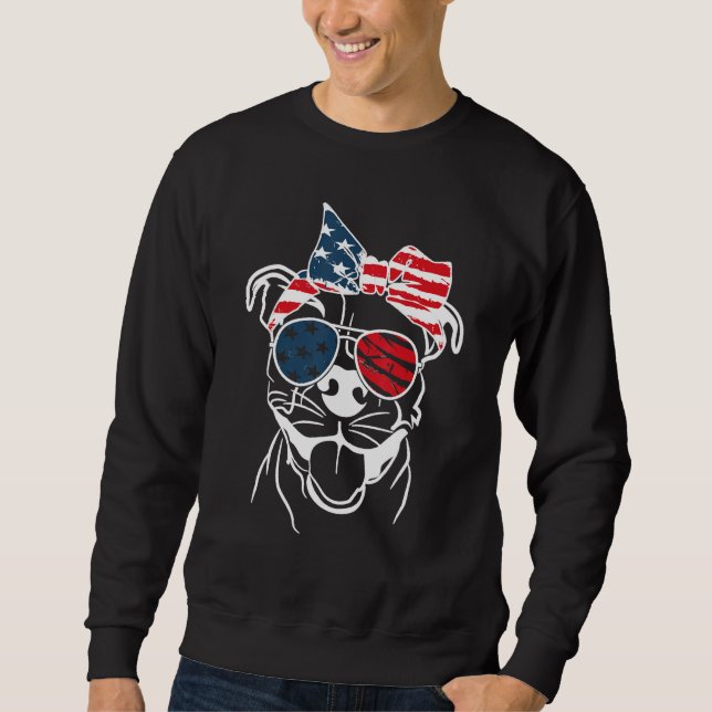 Sweatshirt Coll Patriot Pitbull dog With Glasses 4TH OF JULY (Devant)