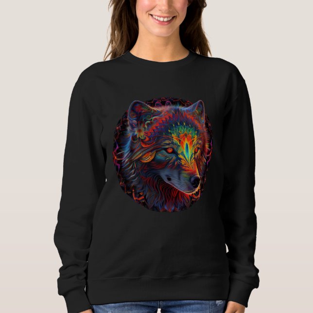 Sweatshirt Colorful Trippy Psychedelic Wolf Wildlife Wolf Mou (Devant)