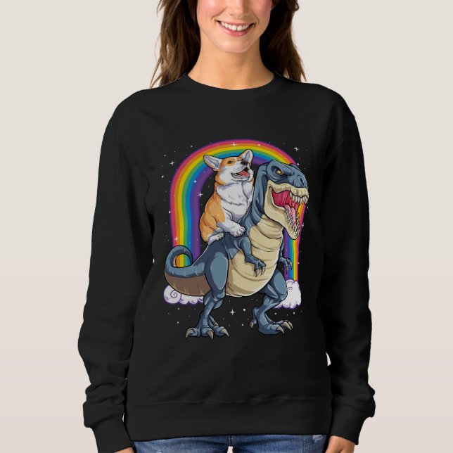 Sweatshirt Corgi Riding Dinosaur rex  Men Women Rainbow (Devant)