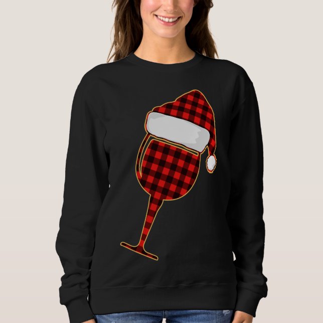 Sweatshirt Coupe de vin rouge plaid et chapeau de Noël (Devant)
