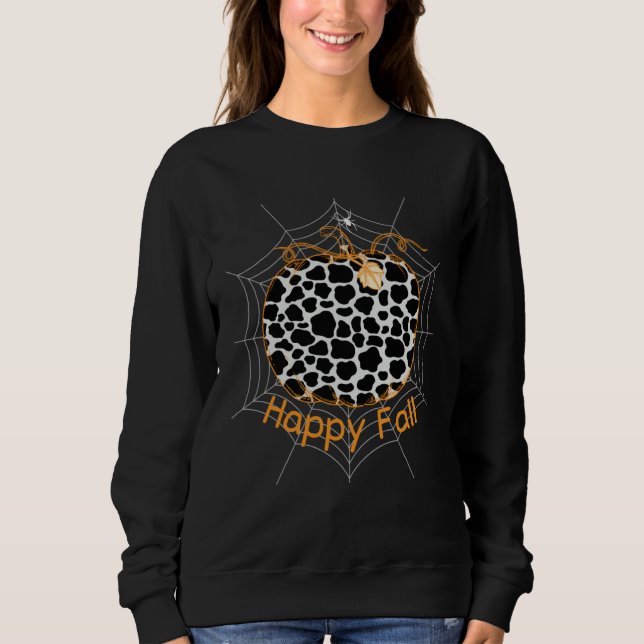 Sweatshirt Cow Print Pattern Pumpkin Spider Halloween Happy F (Devant)