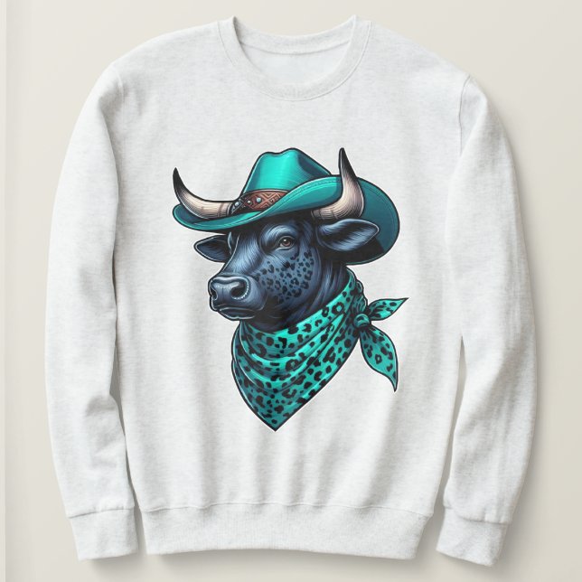 Sweatshirt Cowboy Bull avec Casquette Turquoise et Écharpe à  (Design devant)