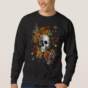 Sweatshirt Crâne aux fleurs et papillons orange Humour foncé