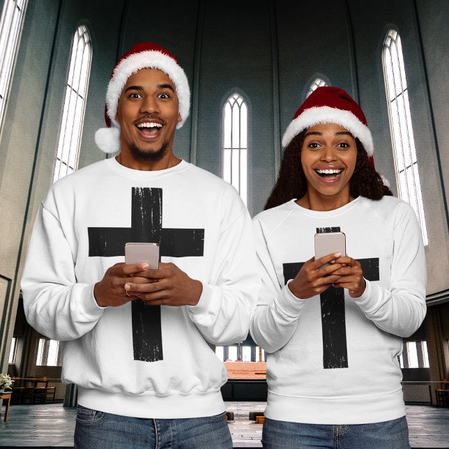Sweatshirt Croix de Jésus (Couples wearing cross symbol Sweatshirt with Christmas hat )