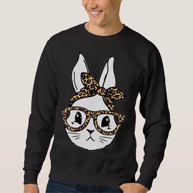 Sweatshirt Cute Bunny Rabbit Face Messy Bun Leopard Glasses G (Devant)