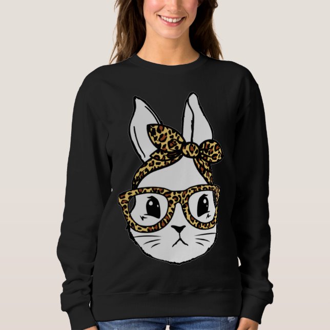Sweatshirt Cute Bunny Rabbit Face Messy Bun Leopard Glasses G (Devant)